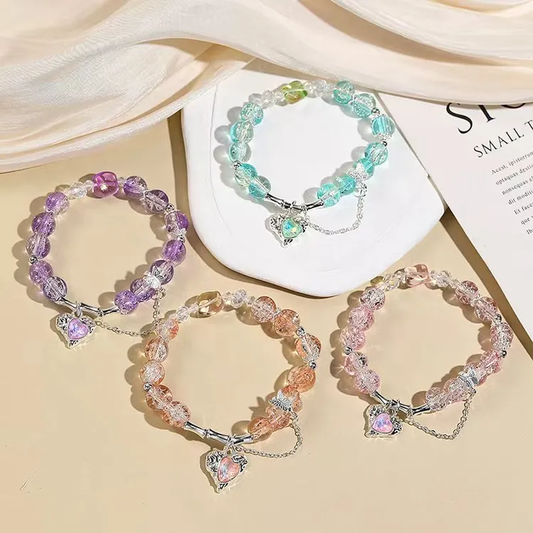 合金琉璃手链 海蓝爱心结串珠手链女森系甜美手串小众百搭手饰ins