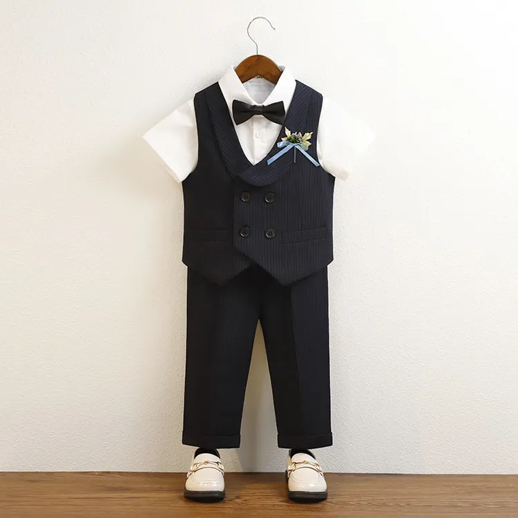 儿童西服英伦风条纹马短袖男童主持表演服小童花童宝宝周岁礼服