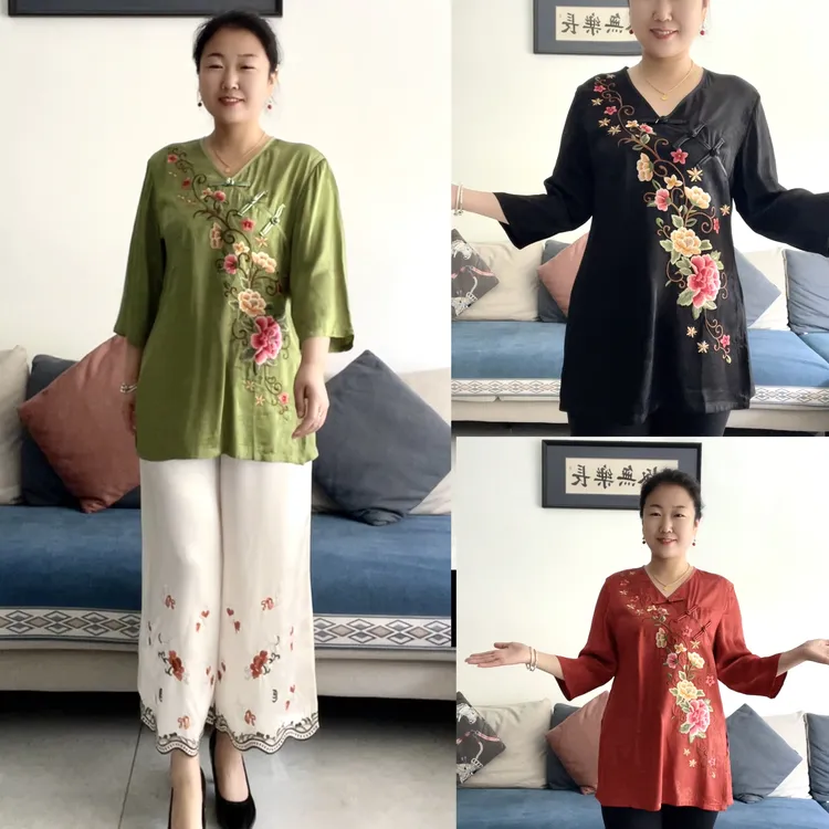 国风重工刺绣花中长款薄款缎面夏季凉爽古风V领高级感复古风上衣