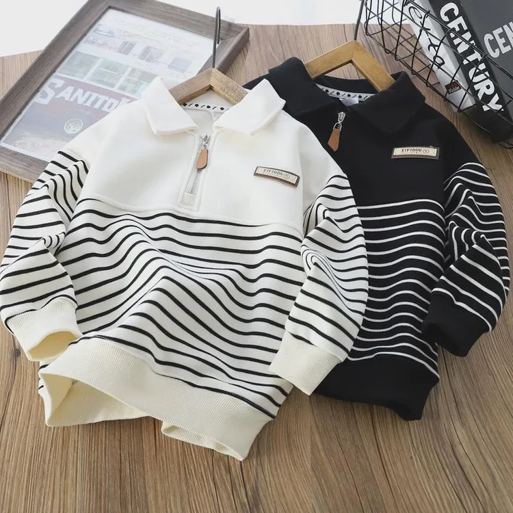 男童翻领polo卫衣春秋季2025新款中大童宽松百搭条纹长袖上衣装