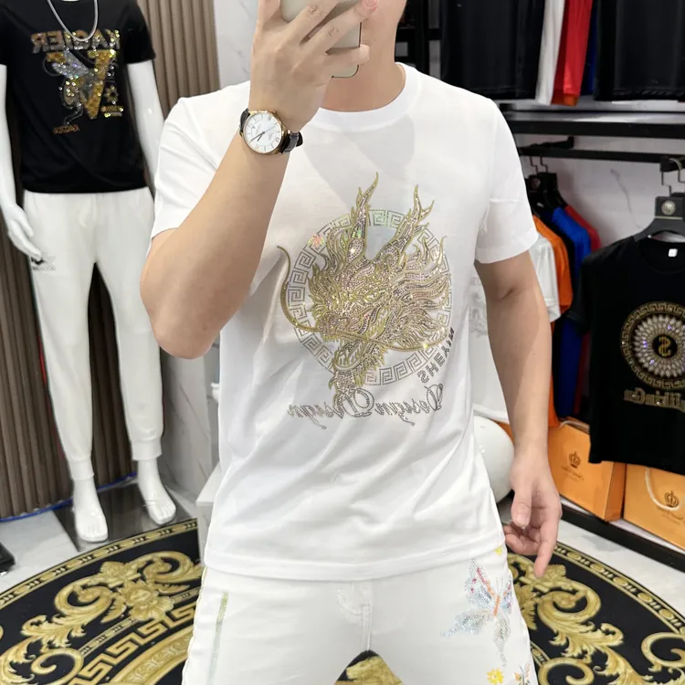 2025夏季爆款热卖欧洲站烫钻短袖男士休闲T恤潮流时尚金龙烫钻