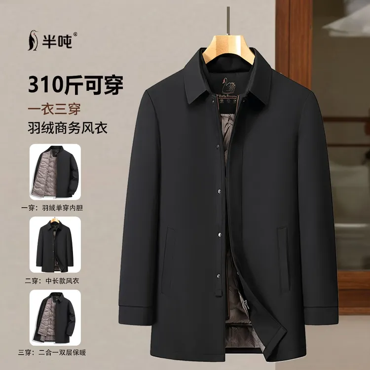 大码男装冬季保暖风衣90白鸭绒羽绒服男商务双层三穿高档中老年