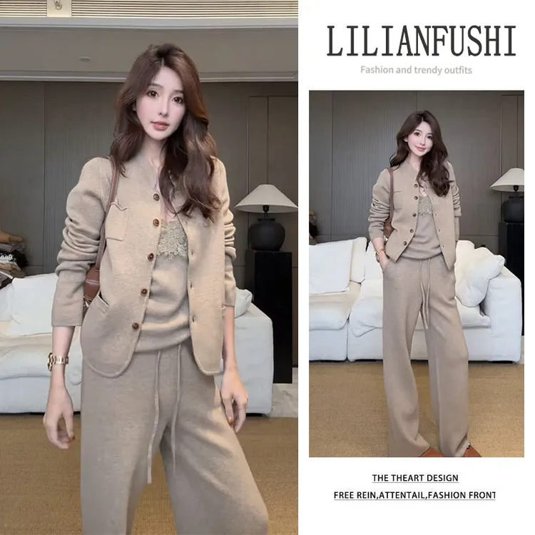 秋冬搭配一整套2025新款百搭长袖外套吊带内搭显瘦阔腿裤三件套女