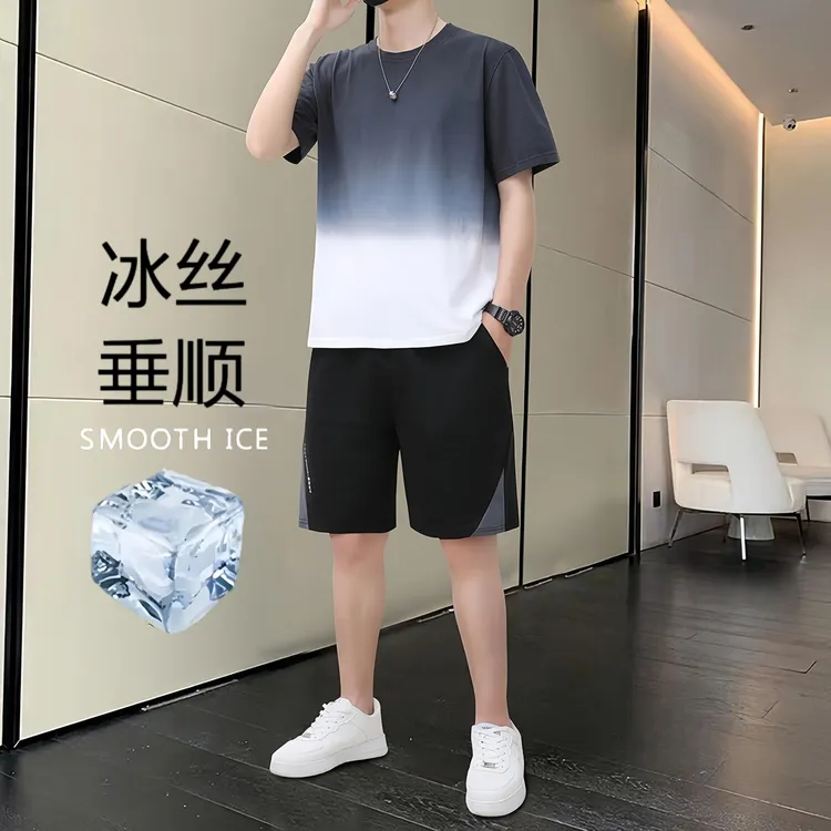 罗蒙新款男士夏季短袖T恤商务休闲冰丝速干短裤套装两件套半袖潮t