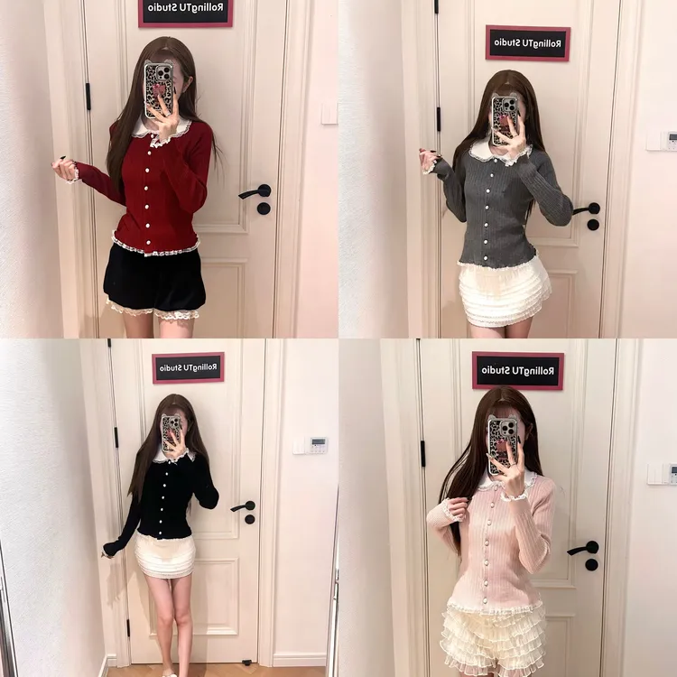 甜美少女风可爱波点领蕾丝边小香风针织开衫