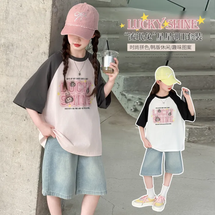 女童夏季套装2025新款中大童洋气字母印花短袖T恤牛仔短裤套装