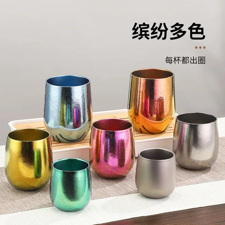 纯钛茶水杯双层隔热鹅蛋杯炫彩冰花钛杯露营旅行随手杯啤酒杯