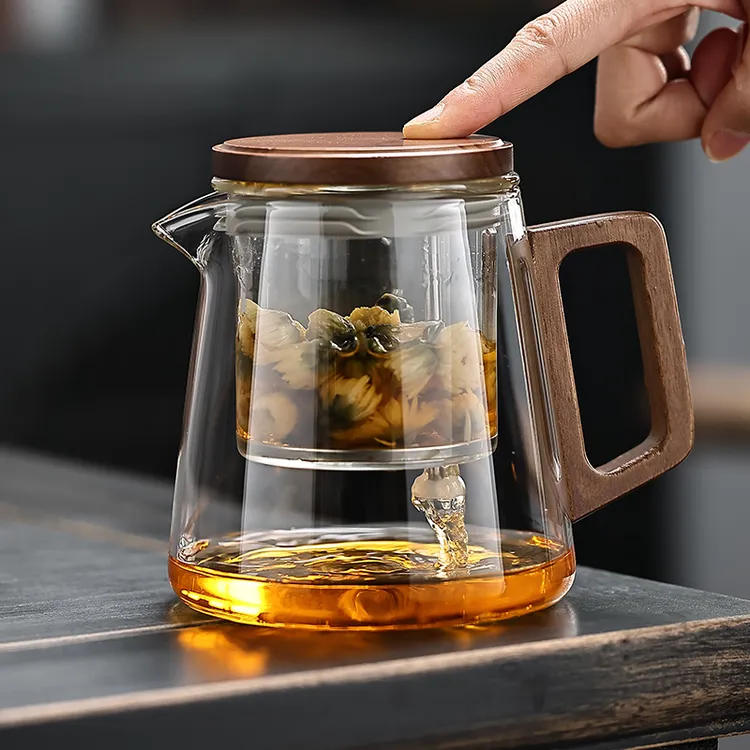 木把飘逸杯泡茶壶家用办公玻璃杯按压一键过滤茶水分离杯功夫茶具