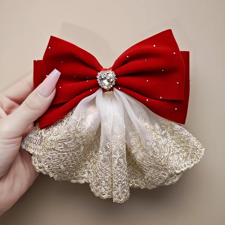 新年蝴蝶结发饰发夹头饰新款公主超仙丝绒发卡后脑勺发饰水钻顶夹