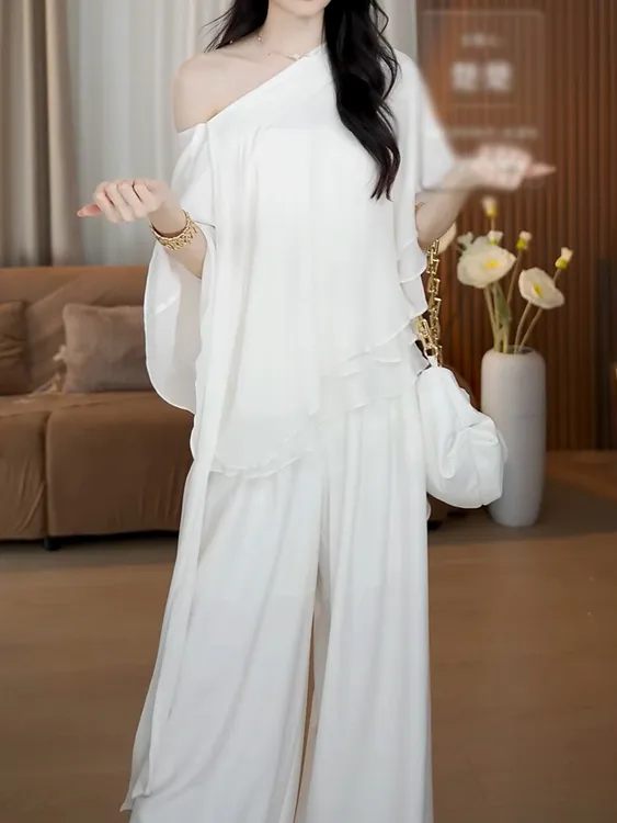 气质飘逸超仙套装女2025夏季新款设计感百搭设计上衣＋纯色阔腿裤