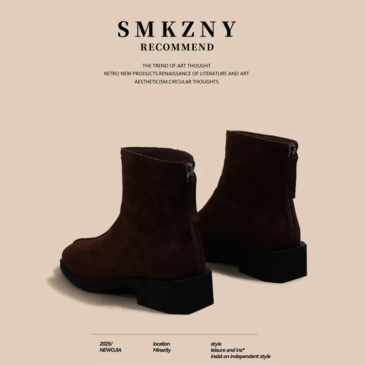 复古马丁靴女2025秋冬季新款粗跟骑士短靴女百搭后拉链加绒显脚小