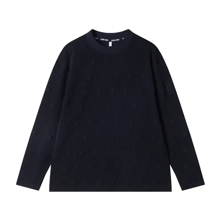 早春新款时尚个性韩版纯色立体褶皱圆领长袖T恤男女同款百搭上衣