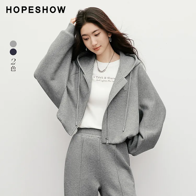 红袖2025秋女装 刺绣拉链插肩蝙蝠袖抽绳连帽领短卫衣90125272101