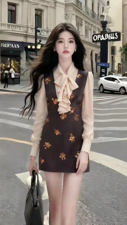 新款时尚气质显瘦减龄拼接设计感立领长袖修身连衣裙女高级氛围感