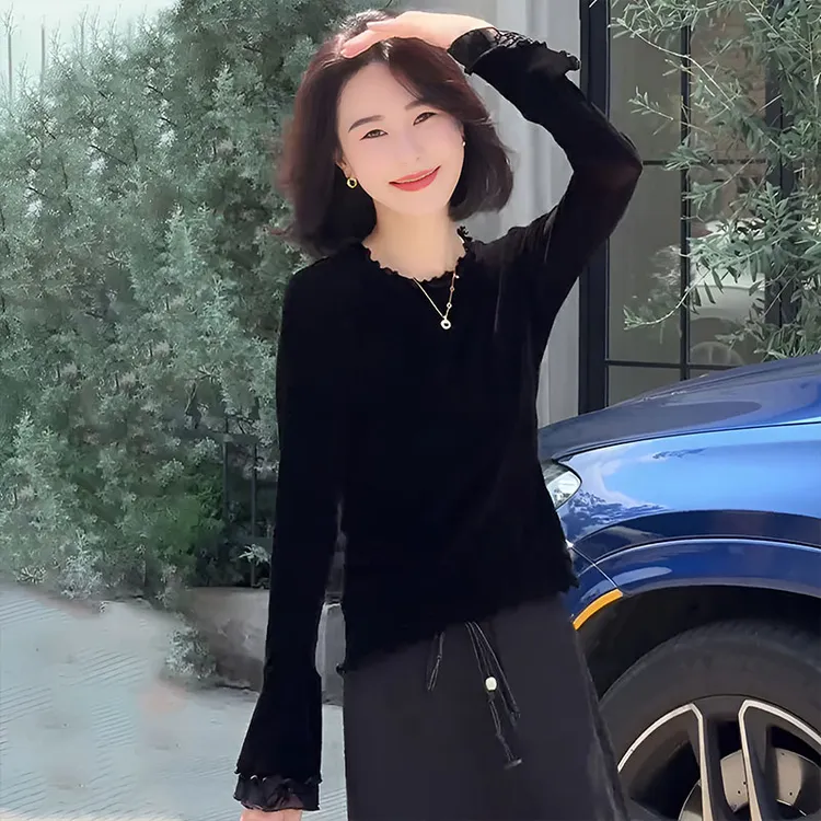 法式洋气蕾丝拼接长袖木耳边T恤女2025新款秋季喇叭袖修身上衣女