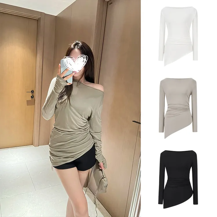 Moses Queen/魔西女王美式辣妹风一字肩长袖t恤女秋薄款褶皱上衣