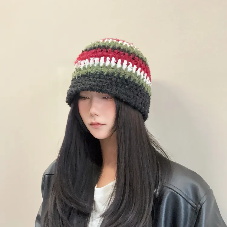 春花巧手手纯手工编织男女秋冬休闲渔夫帽撞色瓜皮帽甜酷显脸小