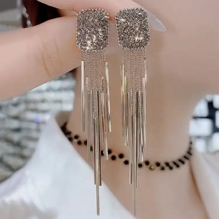 铜合金亚克力耳饰 新款锆石长款流苏耳钉显脸瘦百搭耳饰S925银针