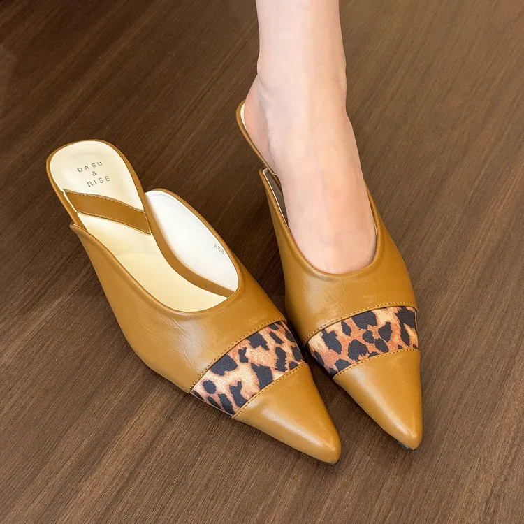 elingstudio 气质时髦！棕色豹纹尖头半拖鞋女春季新款包头高跟鞋