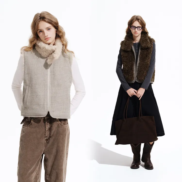 PSO Brand【双面穿】女装毛茸茸休闲百搭棉服千鸟格毛绒拉链NJK013