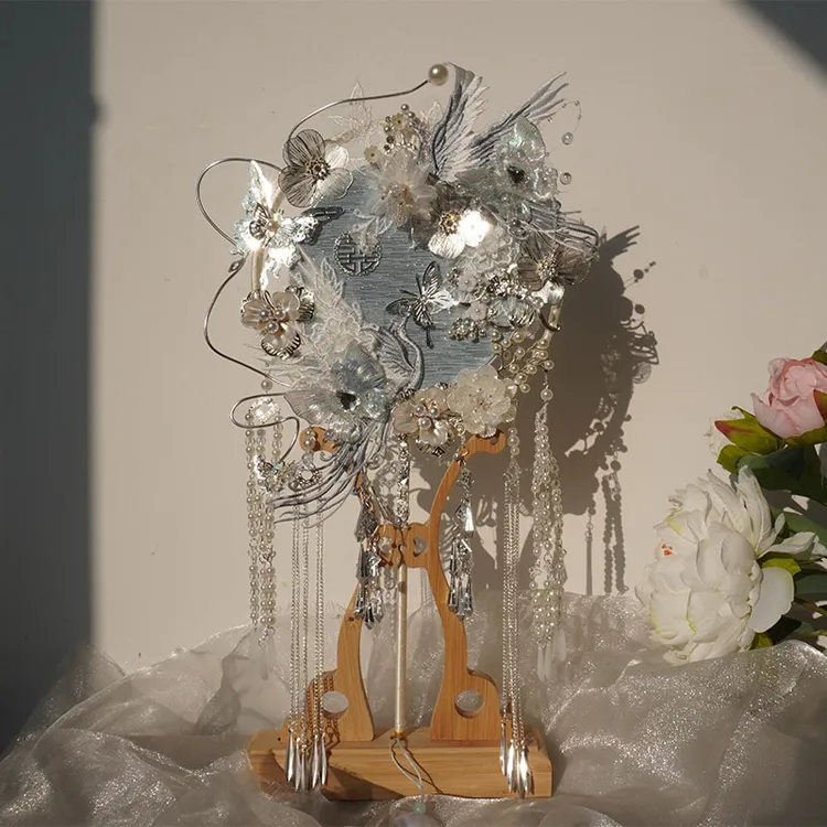 结婚新娘蓝色秀禾团扇双面喜扇手工DIY材料包成品工艺扇中式重工