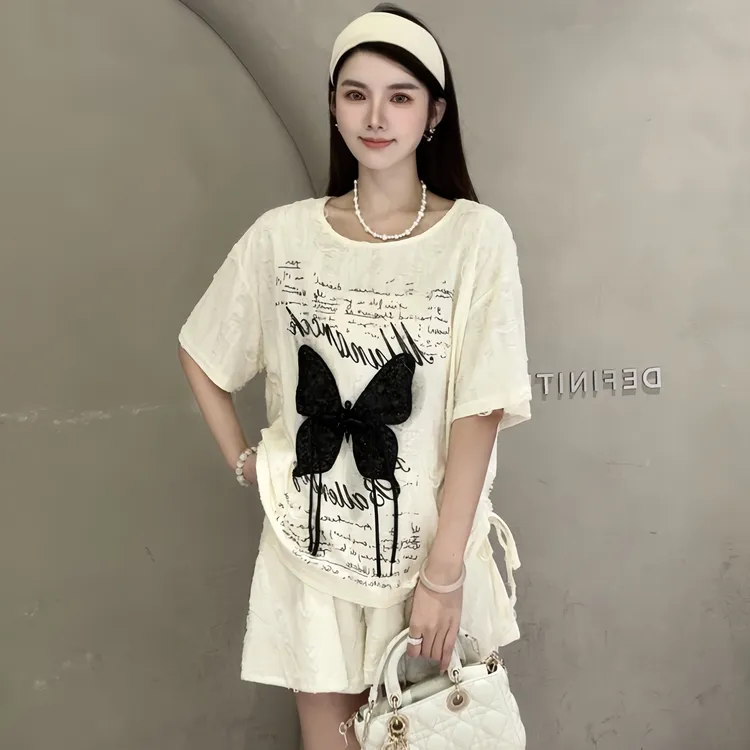 2025年夏季宽松半袖体恤韩版减龄蝴蝶结百搭圆领上衣