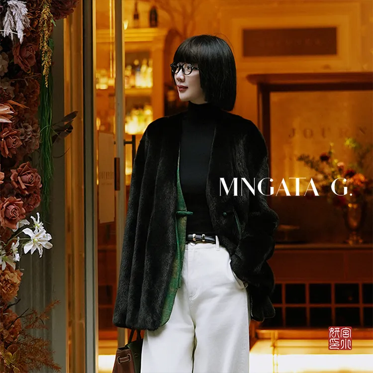 MNGATA G.宫小妍绿翡SAGA芬兰小母貂本黑休闲百搭廓版外套5091058
