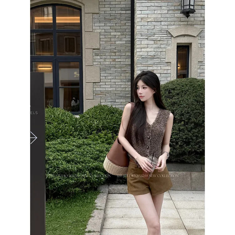 TITI - STUDIO“调性自由派”简约随性V领麦穗手工针织背心马甲套装