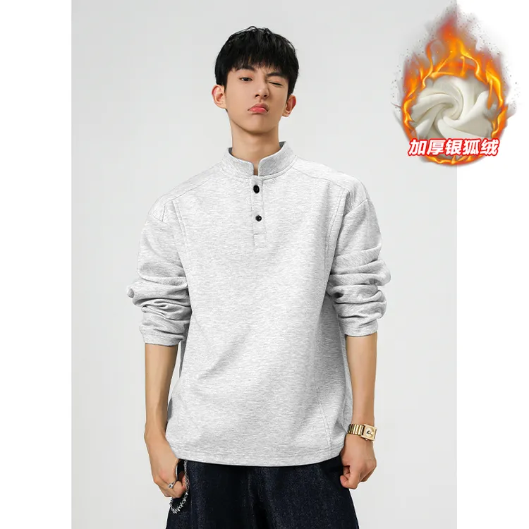 350g重磅亨利领卫衣男秋冬季加绒加厚美式潮流复古情侣长袖打底衫