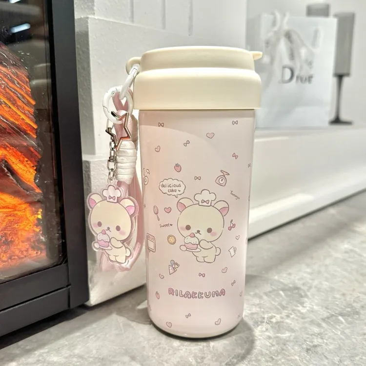 可爱轻松熊保温杯不锈钢女生高颜值吸管保冷咖啡杯子泡茶水杯OSH