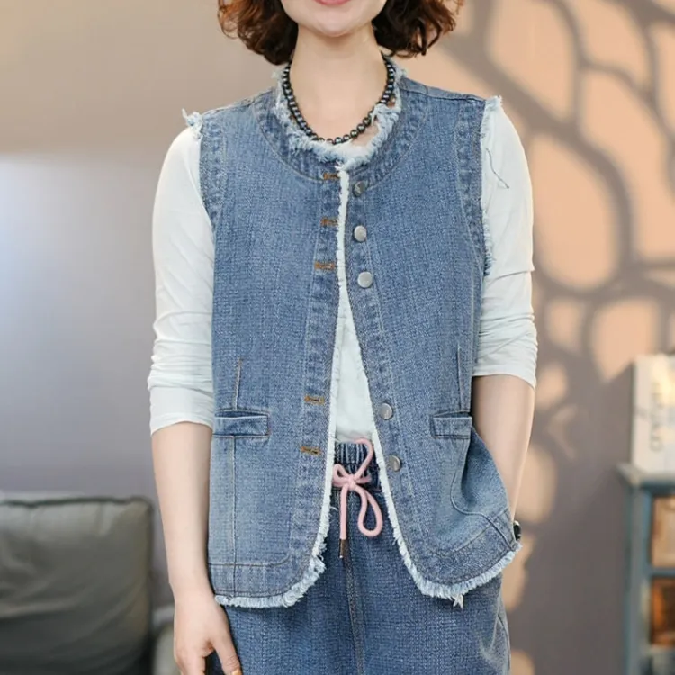 8815蓝牛仔马夹女2025春季复古坎肩特色气泡格纹理牛仔马甲