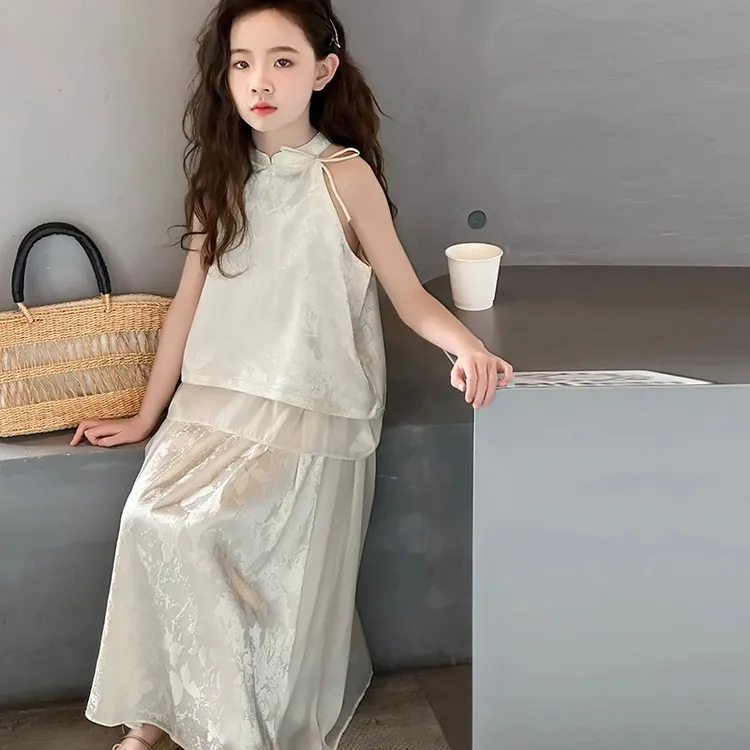 女童国风套装夏季新款复古挂脖衣服上衣洋气中式时髦半身裙两件套
