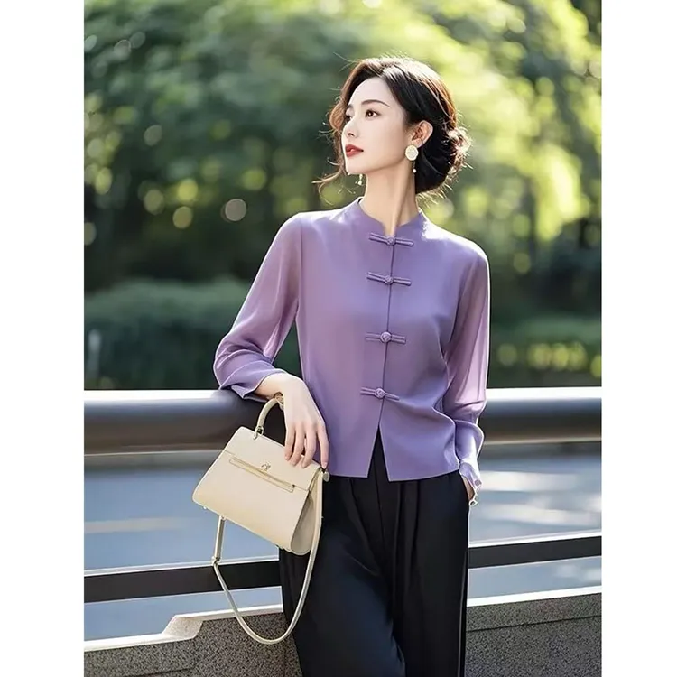 新中式国风紫色盘扣衬衫女装2025春季新款唐装年轻款小个子上衣