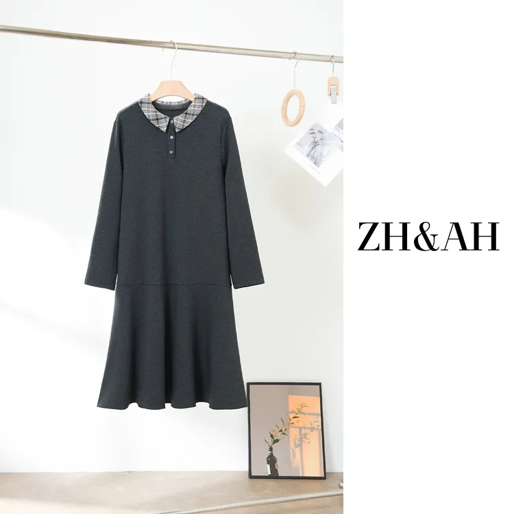 ZH&AH【老钱学院】秋季新款时尚气质百搭设计孕期通勤格子领连衣裙
