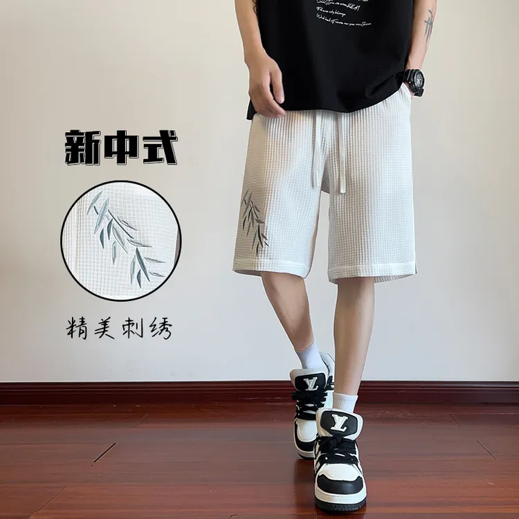 2025款夏季宽松时尚百搭裤子新中式国风竹叶刺绣五分裤休闲短裤男