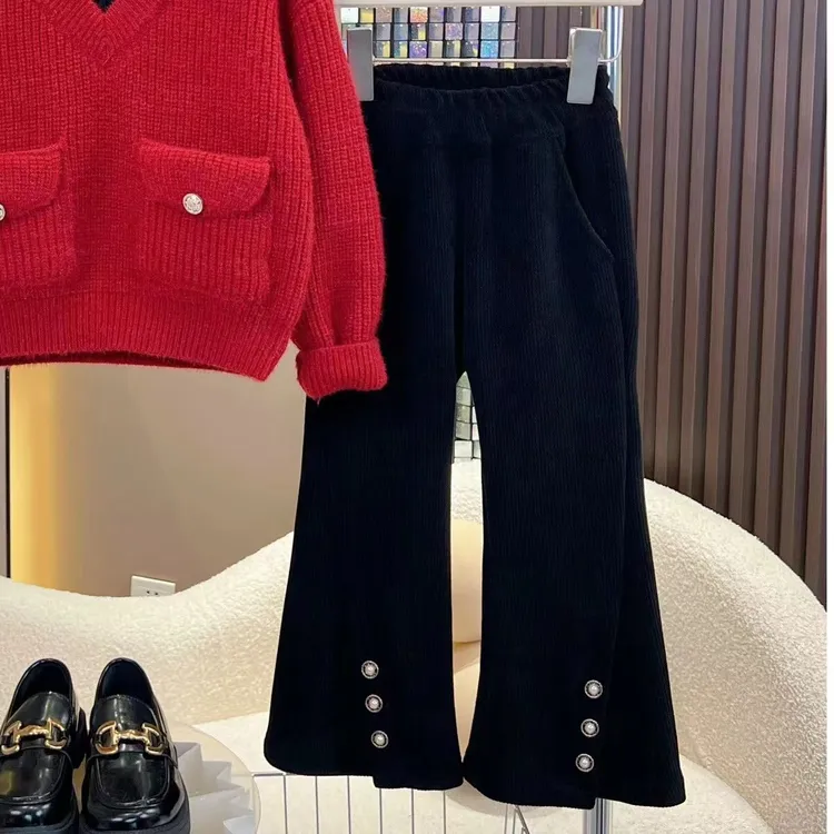 女童品质黑色加厚婴儿绒加绒时尚微喇叭女童一体绒裤子儿童秋冬