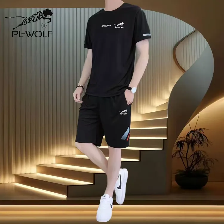 雄豹狼正品爆款男士夏季速干运动套装圆领休闲夏天T恤短裤两件套