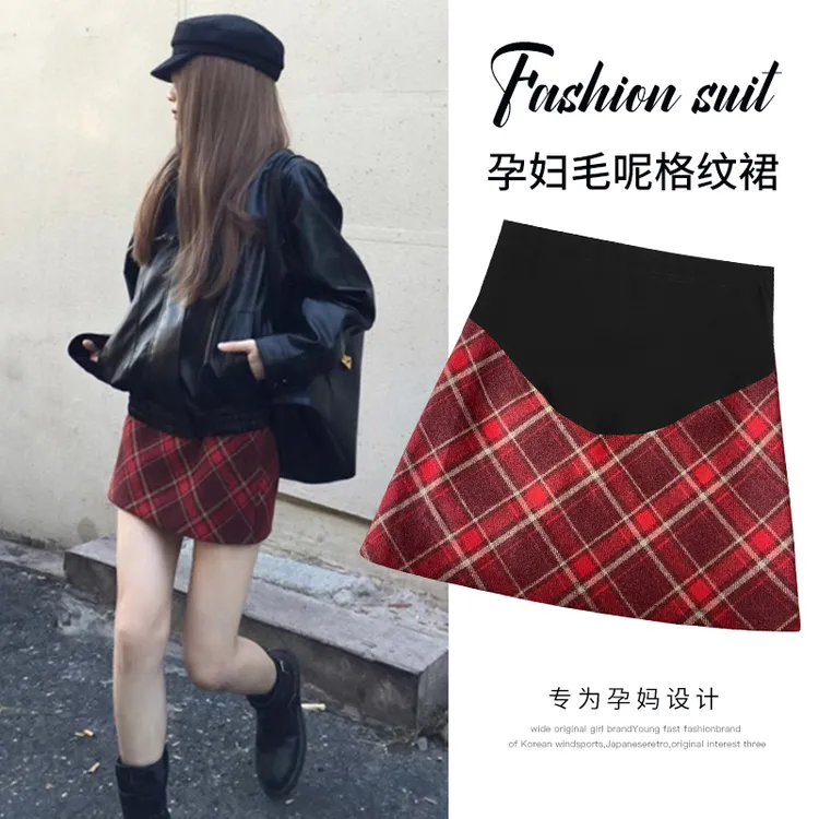 孕妇半身裙秋冬季新款时尚红色毛呢格子裙托腹短裙A字包臀一步裙