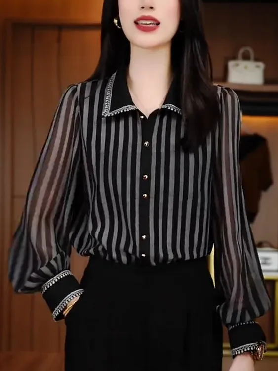 2025夏季新款精美轻奢减龄衬衫上衣雪纺衫打底衫黑色洋气高端W461