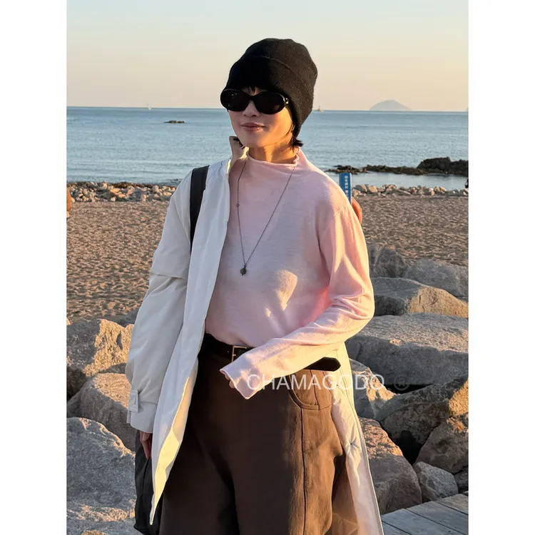 CHA MA GO DO秋冬美丽诺羊毛半高领卷边打底