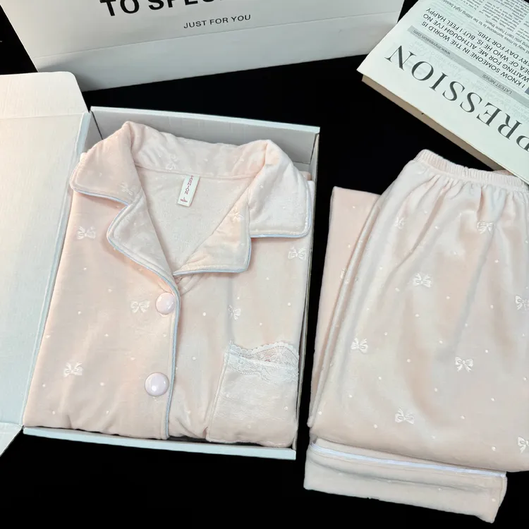 睡衣女冬季海岛绒加厚保暖长袖粉色蝴蝶结2025新款甜美家居服套装