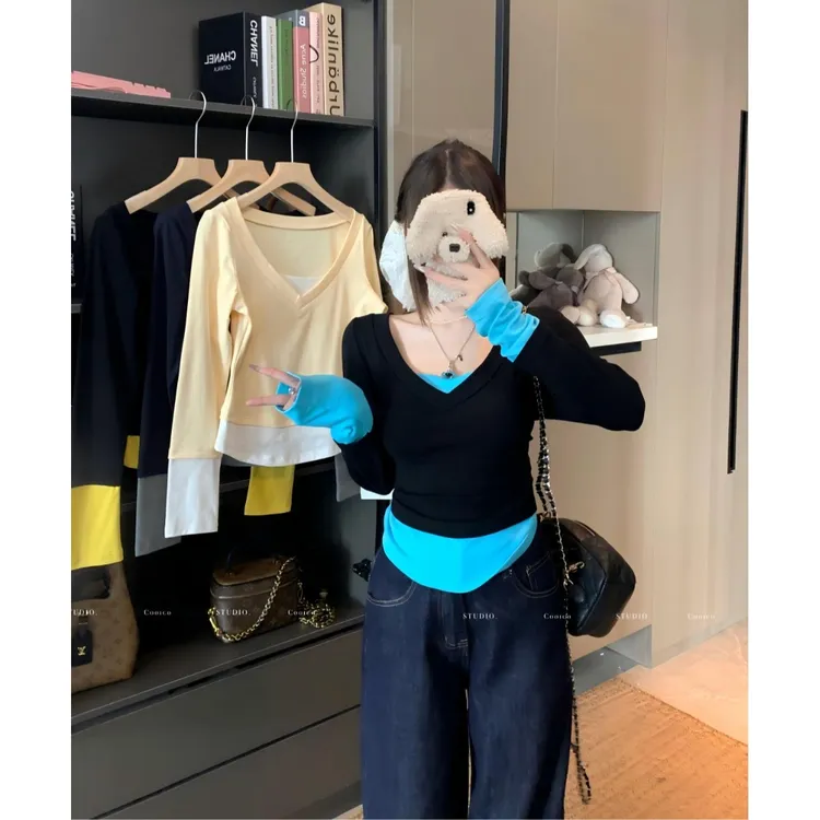 【8391】胖mm美式甜辣妹假两件T恤女秋季修身长袖V领撞色拼接上衣