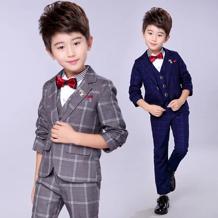 儿童西装套装男孩花童礼服秋冬款主持人专用礼服男童加厚格子西服