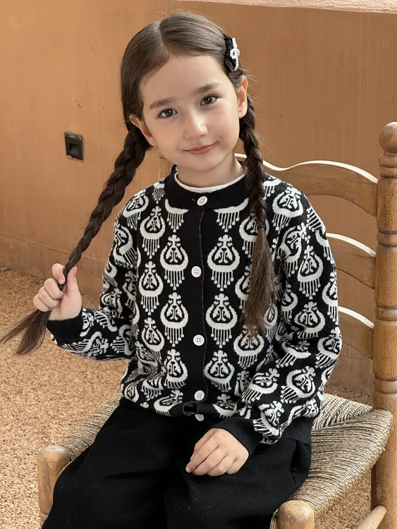 春秋中国风新疆民族风单排扣碎花针织开衫秋季重工女童圆领080023