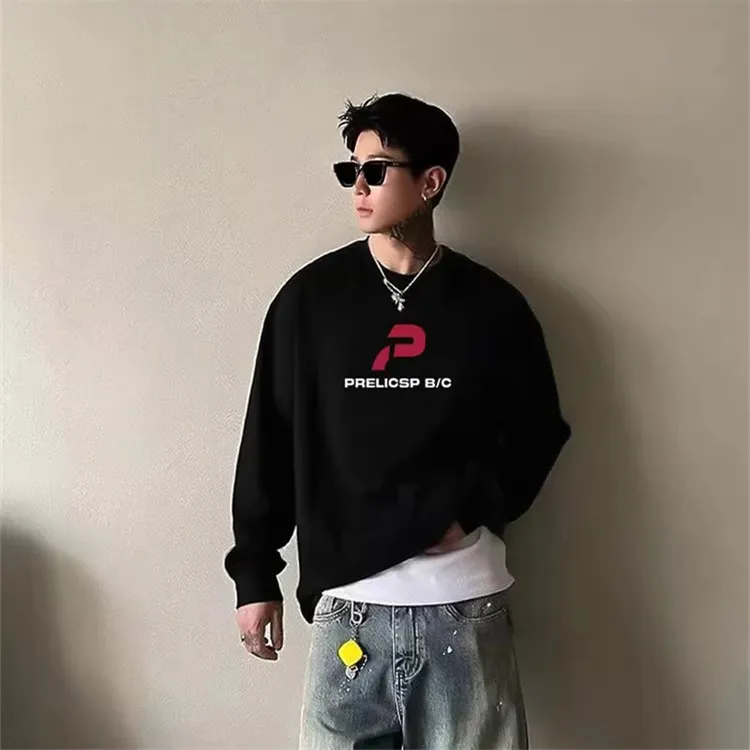 美式小领口纯棉潮牌休闲百搭长袖T恤男欧美街头打底上衣ins男士