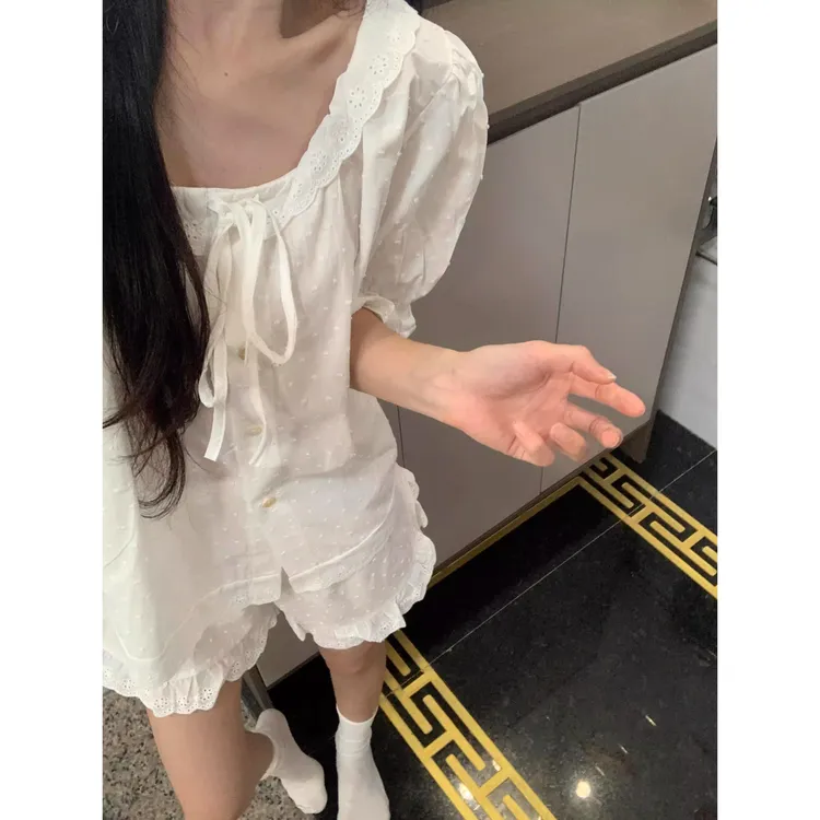 甜美少女花边系带短袖睡衣女夏季2025年新款家居服短裤套装可外穿