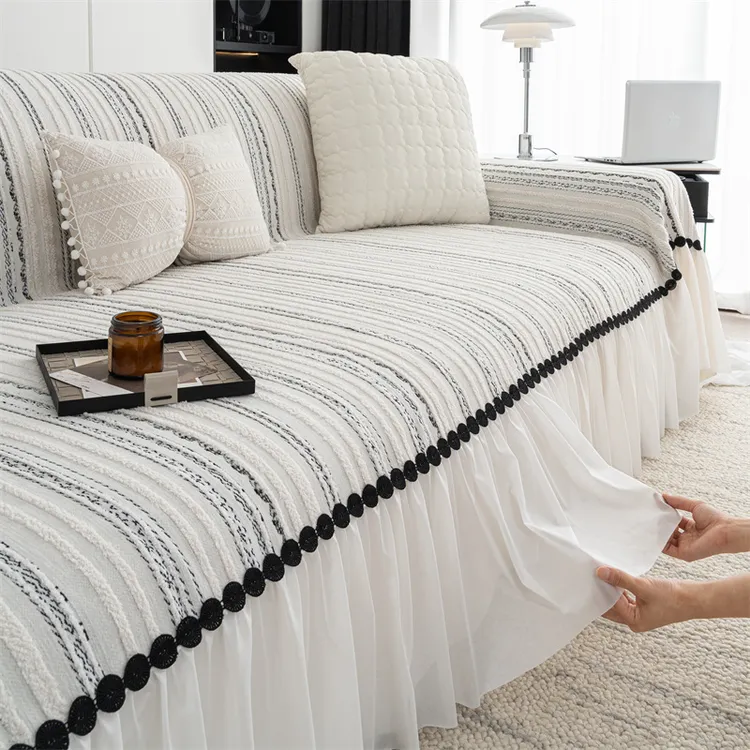 清奈新款素条纹沙发盖布巾防尘防滑沙发套罩高克重防猫抓全包