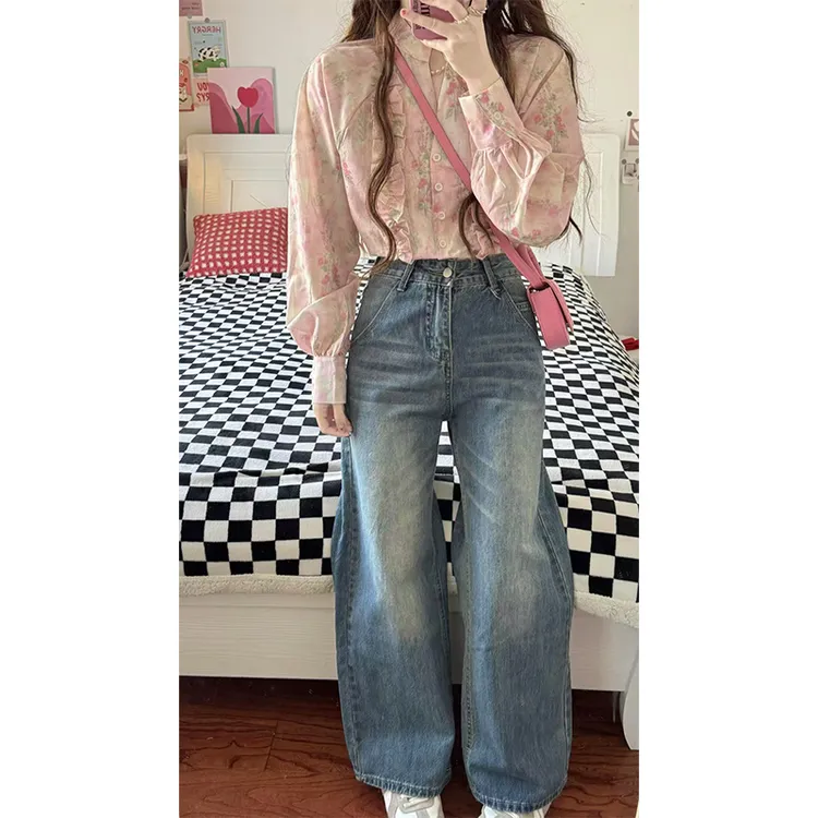 高级感时尚设计碎花修身显瘦长袖衬衫上衣高腰垂感休闲牛仔长裤女