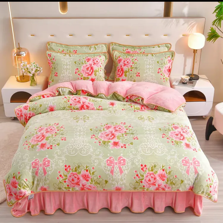 秋冬床裙加厚牛奶绒印花四件套柔软舒适抗静电