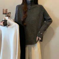 设计感扣子高领插肩袖套头长袖针织毛衣潮2025年大码胖MM秋冬新款